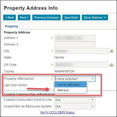 Screenshot showing the Property Information drop-down menu