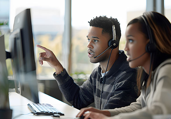 Two people on headsets and computers assisting phone customers