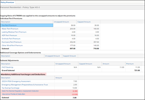 Screenshot of deductions as seen in PolicyCenter