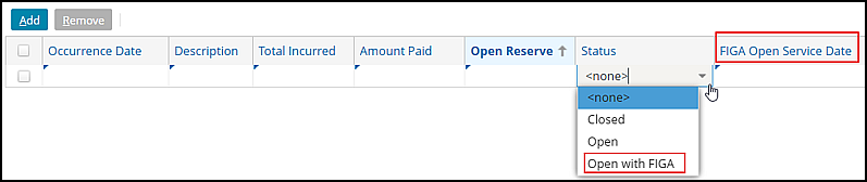 Figure 2: Status and FIGA Open Service Date on the Prior Losses tab