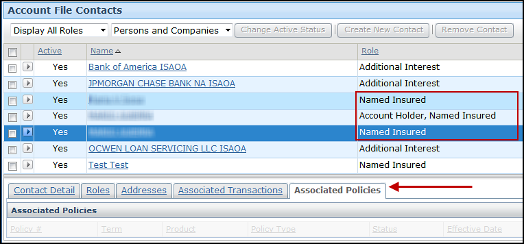 Screenshot of Associated Policies tab on the Account File Contacts