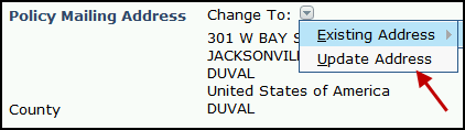 Screenshot of New Change To: drop-down options in the Policy Mailing Address section