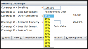 Screenshot of the Coverage B – Other Structures drop-down options for mobile home policies