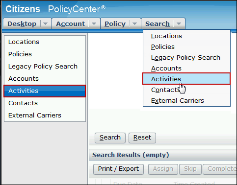 Screenshot of the activities search options
